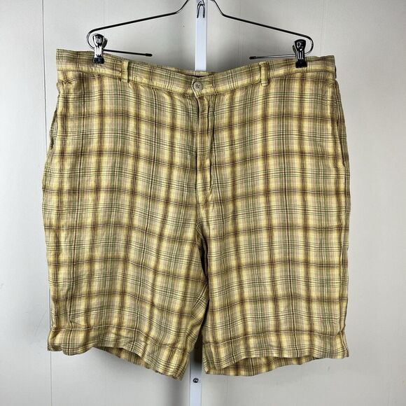 Tommy Bahama Mens Shorts 100% Linen Gold Brown Green Plaid 11" Inseam Size 42‎ - Picture 1 of 6